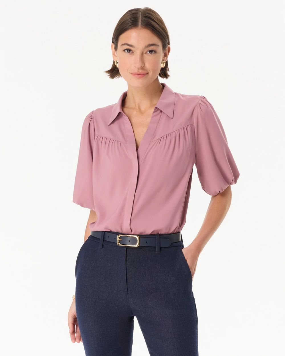 Matte Satin Y-neck Button Front Shirt | White House Black Market